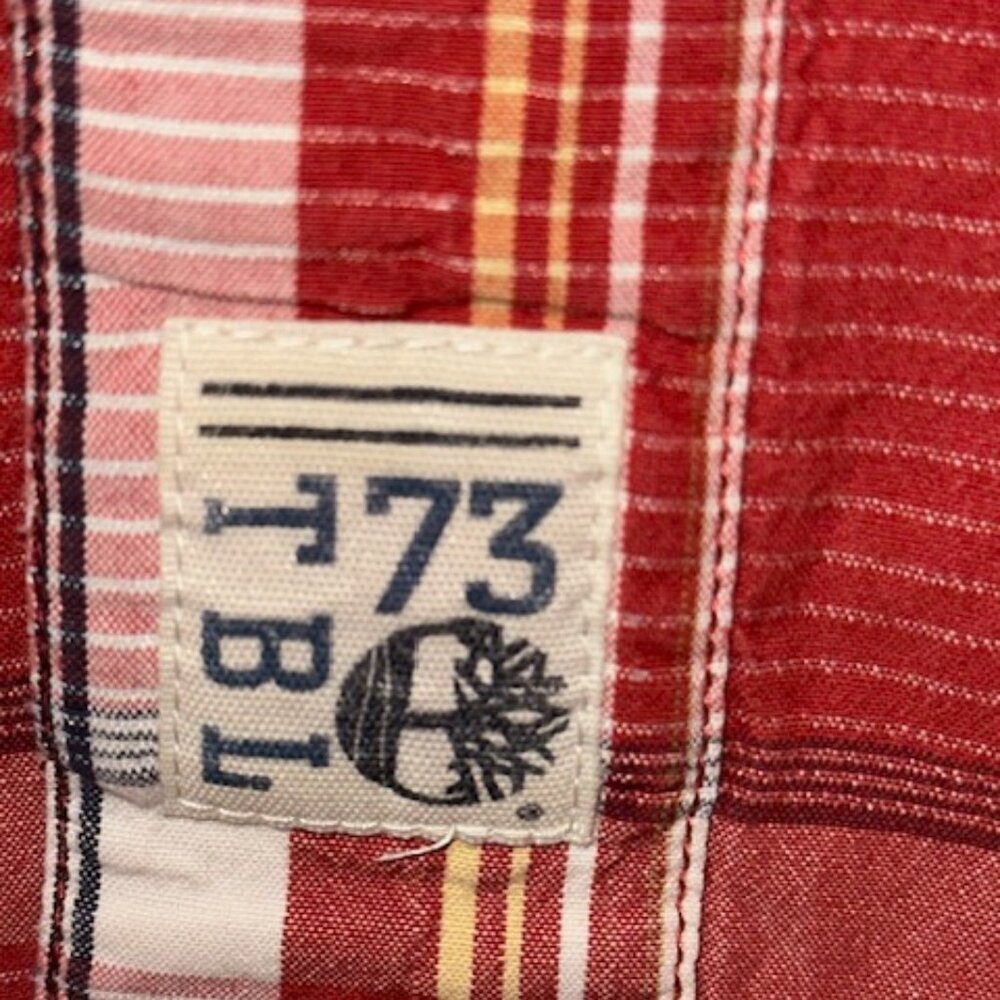 Timberland Men's short sleeve button up‎ logo shirt Large red plaid pattern - Picture 6 of 7